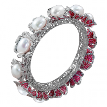 Crimson Flower Ruby and Pearl Handcrafted Bangle