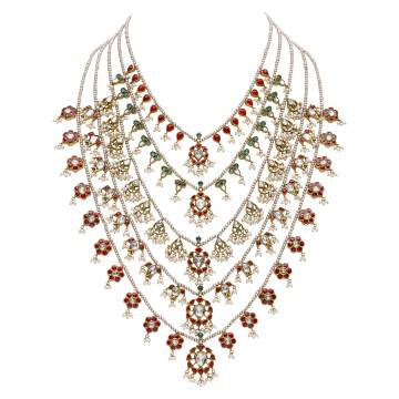 Abshar Emerald, Pearl and Polki Diamond Waterfall Necklace