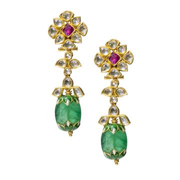 Barkat Emerald, Ruby and Polki Diamond Drop Earrings