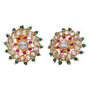 Dayereh Ruby, Emerald and Polki Diamond Earrings