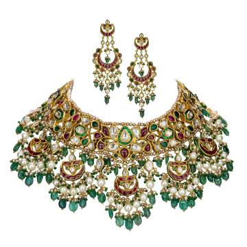 Goldasteh Emerald, Pearl and Polki Diamond Necklace and Earrings