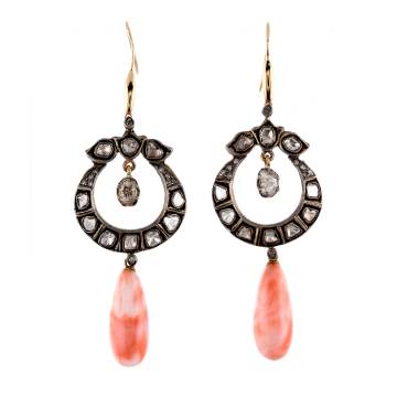 Marjan Coral and Polki Diamond Drop Earrings