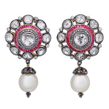 Marvarid Pearl, Ruby and Polki Diamond Drop Earrings