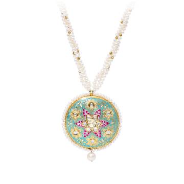 Setareh Pearl, Polki Diamond and Enamel Pendant Necklace