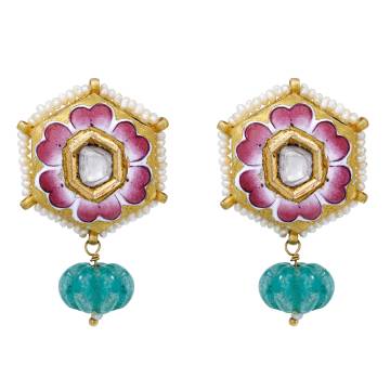 Sorti Polki Diamond and Pink Enamel Drop Earrings